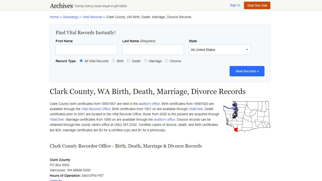 Clark County, WA Birth, Death, Marriage, Divorce Records