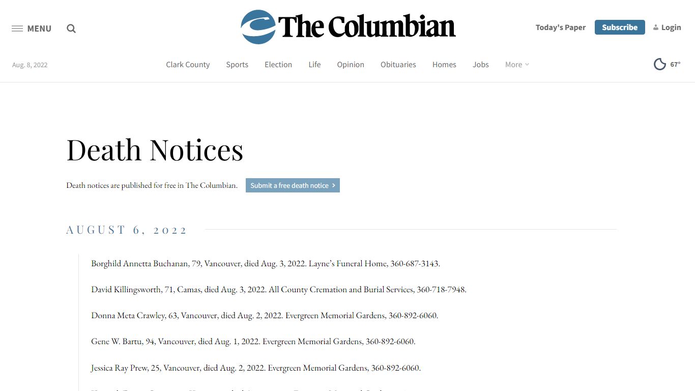 Death Notices - The Columbian
